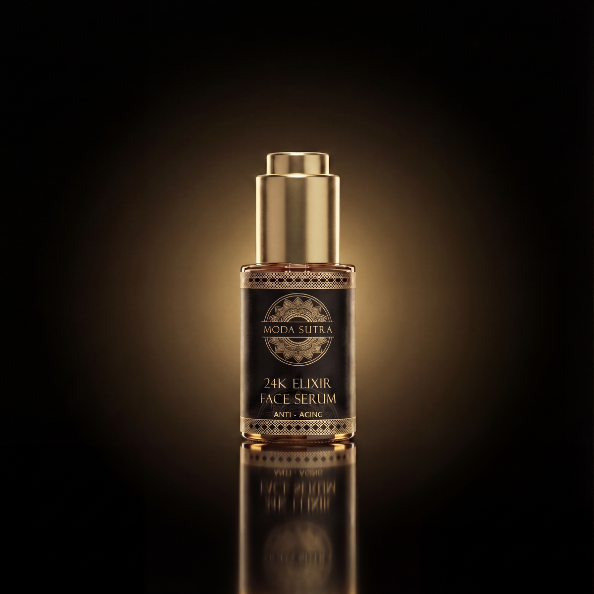 Moda Sutra 24K Elixir Face Serum — 30 mL apothecary bottle with real 24-karat gold foil, on warm black with antique-gold light.