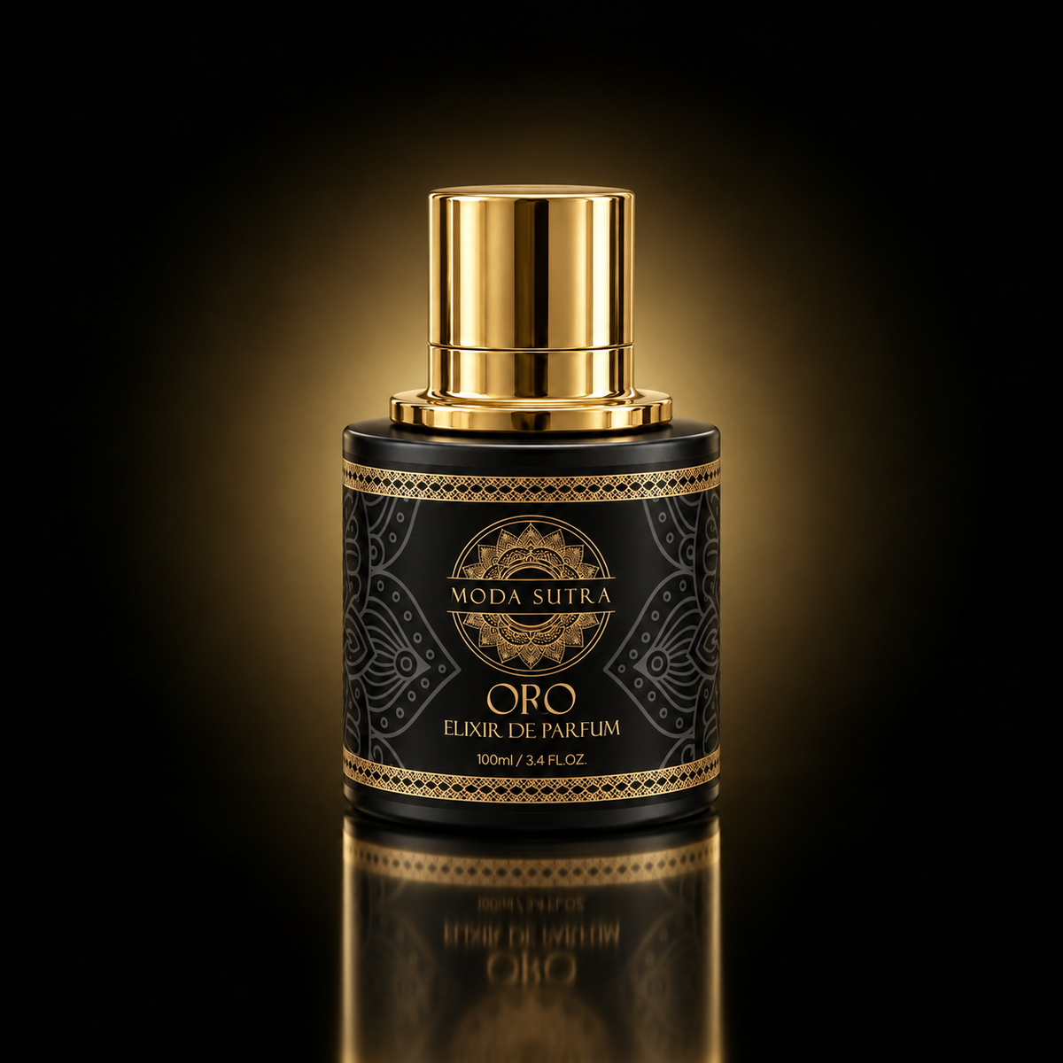 Moda Sutra Oro Elixir de Parfum — 100 mL matte-black flacon with polished gold cap and ornate gold-foil mandala label; Miami clean-luxury signature fragrance shot in warm gold light.